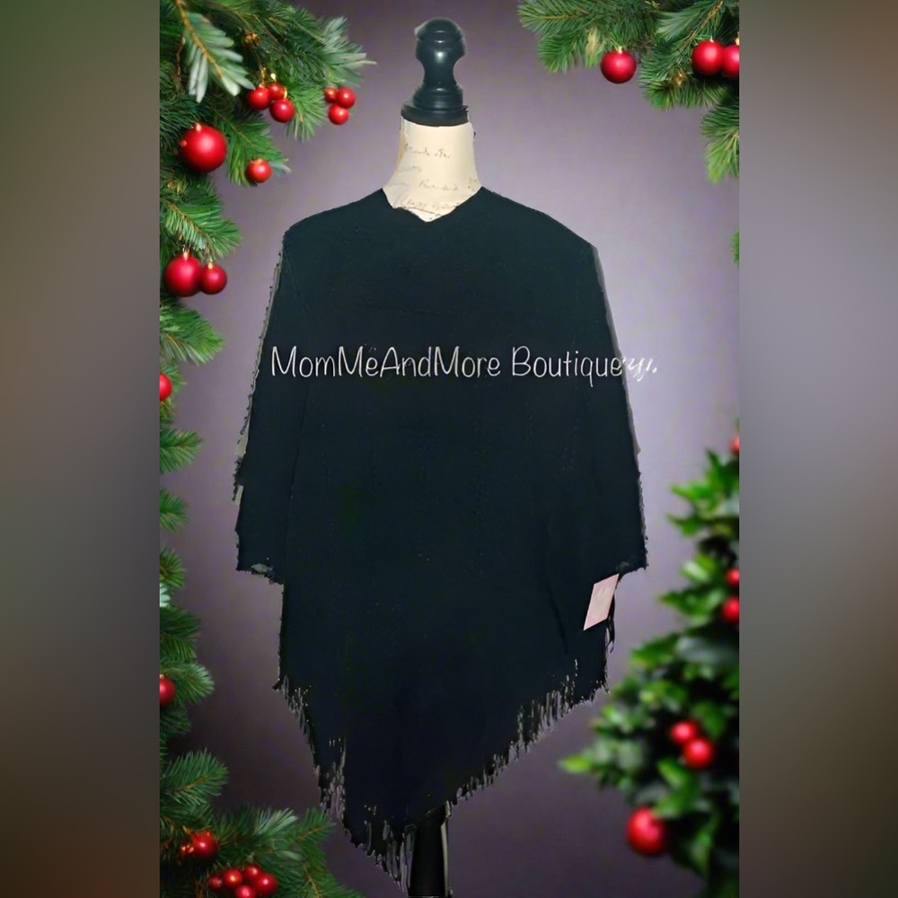 NEW Womens Black Fringed Poncho, Pull Over Cape Shawl - Picture 4 of 5